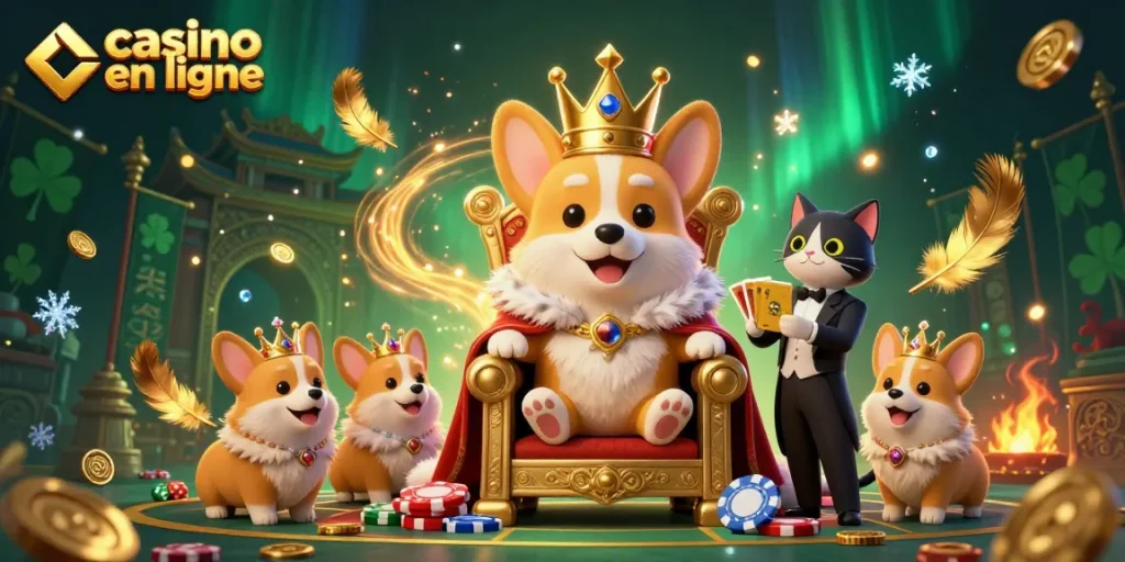Jouez au casino en ligne avec un corgi royal sur un trône de jetons entouré de richesses scintillantes.