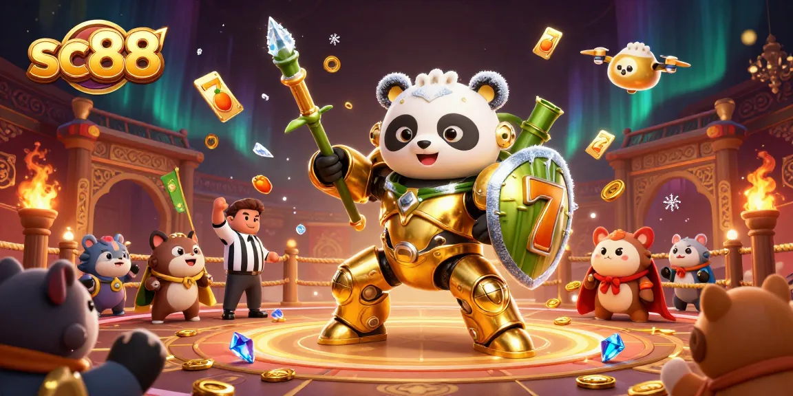 sc88 fight scene with a pandabot, exciting slot machine elements, and cheering audiences