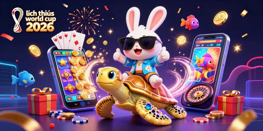 Engage with lịch thi đấu world cup 2026 amidst vibrant gaming fun featuring a lucky rabbit and turtle.