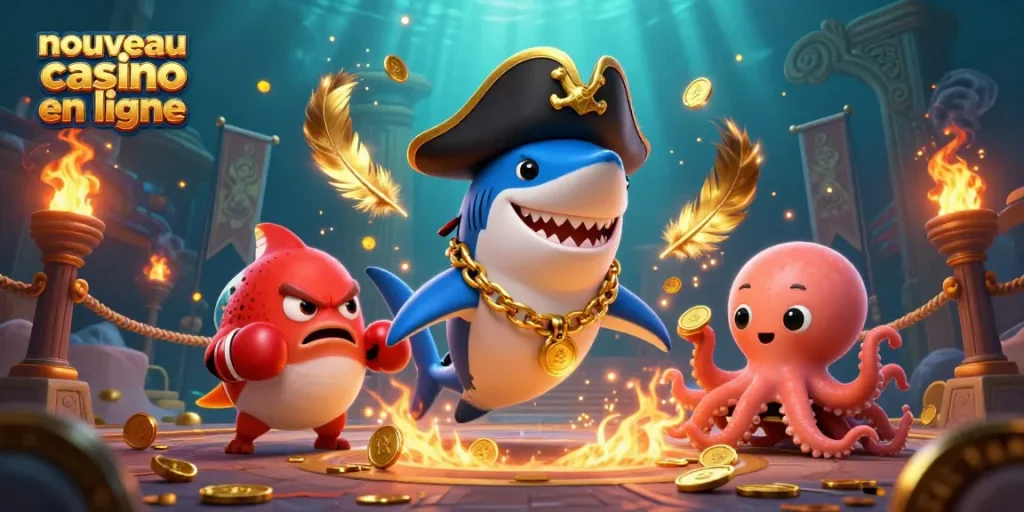 Illustration d'un nouveau casino en ligne avec un requin pirate et des pièces d'or scintillantes.