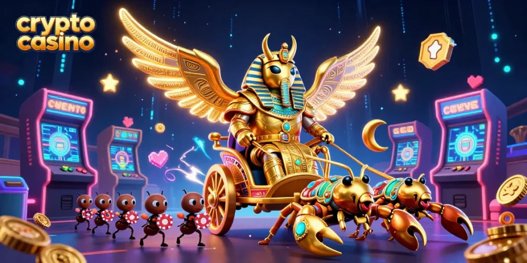 Gagnez avec le crypto casino dans une scène dynamique mettant en avant un scarabée doré et des éléments ludiques.
