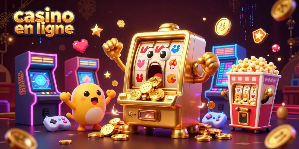 Célébrez le jackpot au casino en ligne avec une machine à sous dorée et des machines miniatures en arrière-plan.