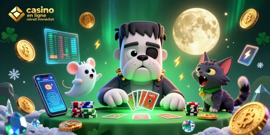 Découvrez un casino en ligne retrait immédiat avec des personnages uniques jouant à la table verte.