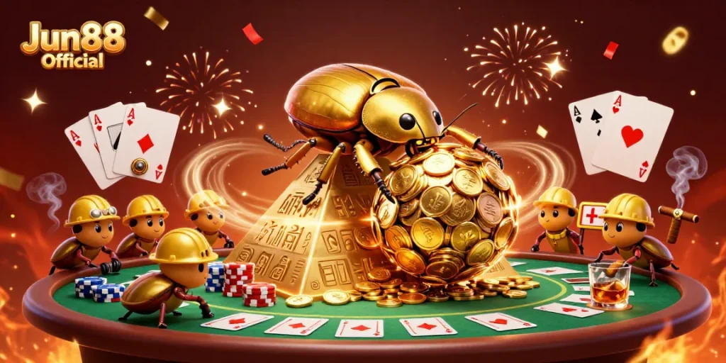 Experience thrilling gameplay with Jun88 Official, featuring vibrant casino artwork and dynamic characters.