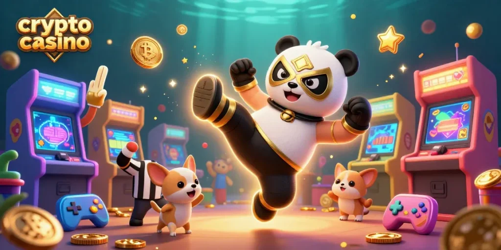 Image captivante représentant un casino crypto, montrant un panda lutteur et un chihuahua arbitre, entourés de machines de jeu 3D.