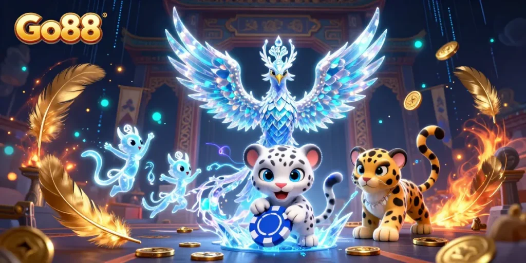 Immerse in Go88's vibrant casino experience with the enchanting ice phoenix and playful snow leopard.