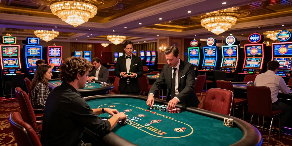 Un joueur concentré sur une table de poker dans un casino en ligne, entouré de machines à sous et de décor luxueux.