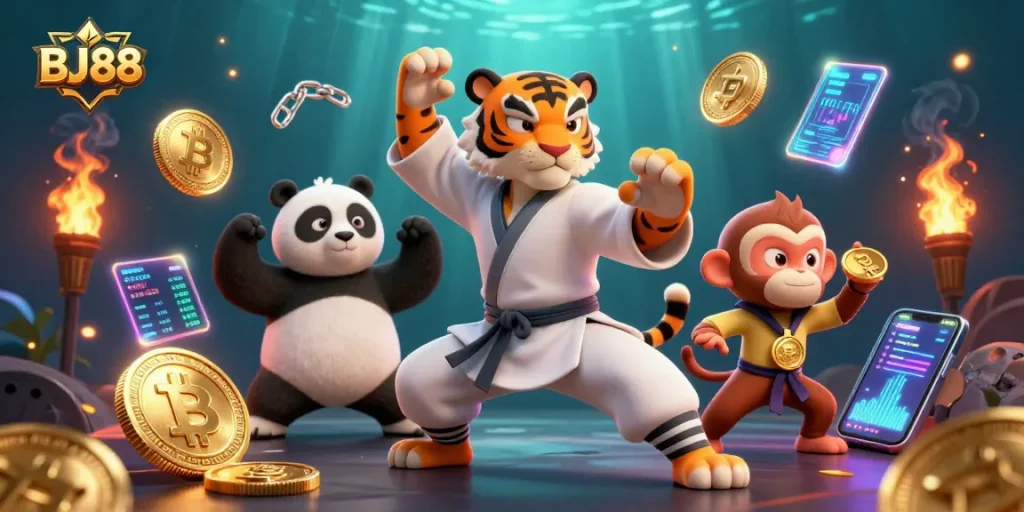 Experience thrilling gaming at BJ88 with a lively scene featuring a kung fu master and playful characters.