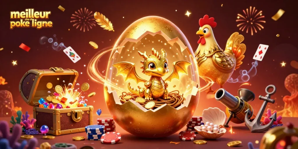 Chips de poker et dragon doré au meilleur site de poker en ligne, scène vibrante.