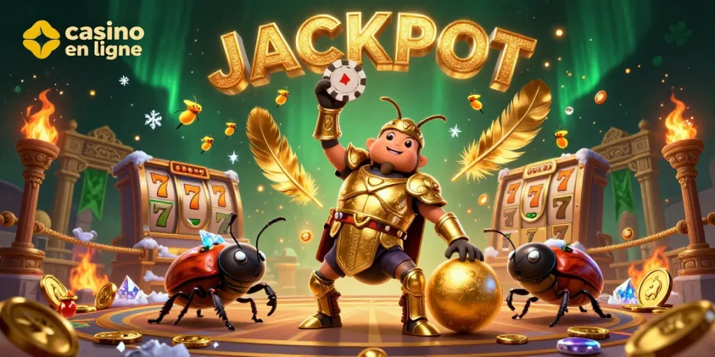 Gagnez au casino en ligne avec une illustration dynamique de chance et action.