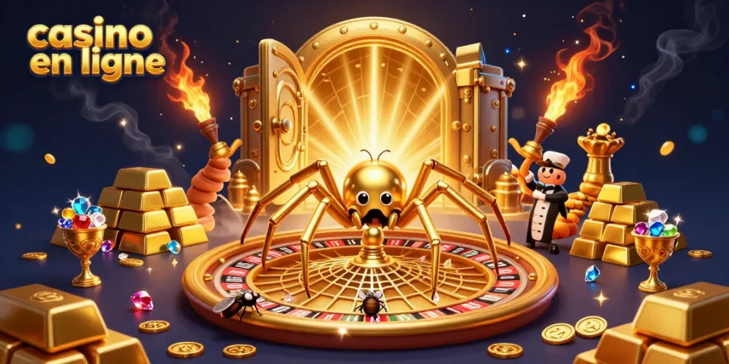 Placer des paris en ligne dans un casino avec une toile d'araignée dorée et des gemmes éblouissantes.