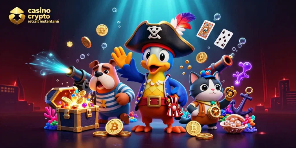Retirez vos gains rapidement avec un casino crypto retrait instantané, illustrant des pièces de Bitcoin et Ethereum autour de personnages marins.