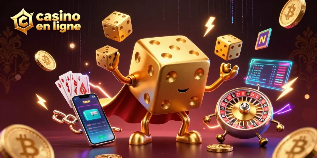 Jouez au casino en ligne avec énergie grâce à un golem de dés en or et des éléments de crypto.