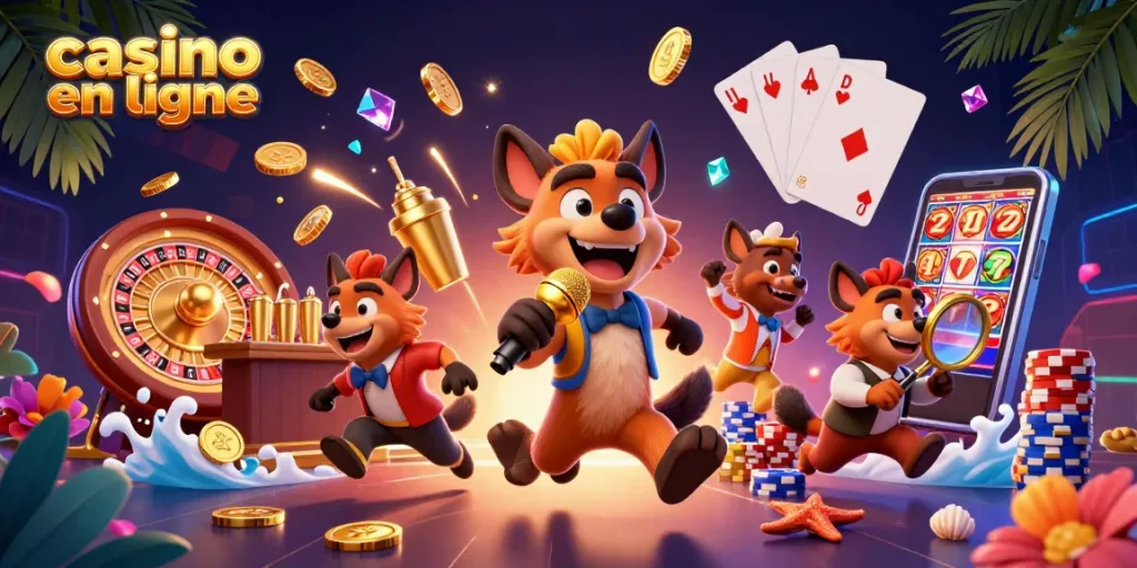 Vivez l'excitation du casino en ligne avec une scène de comédie captivante animée par des hyènes.