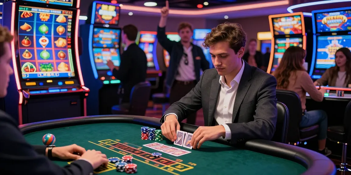 Expérience captivante de casino en ligne avec joueur concentré au blackjack, lumière LED et ambiance dynamique.