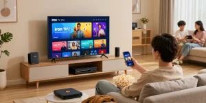 Expérience de streaming Iron TV Pro sur Smart TV avec ambiance chaleureuse
