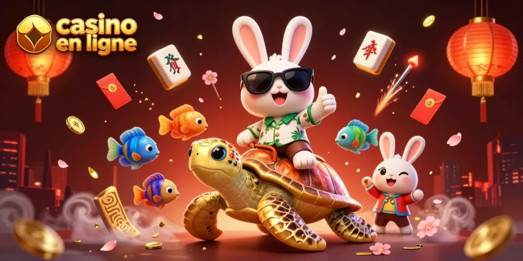 Image du casino en ligne : un lapin chanceux et une tortue dorée festoient dans un océan animé.