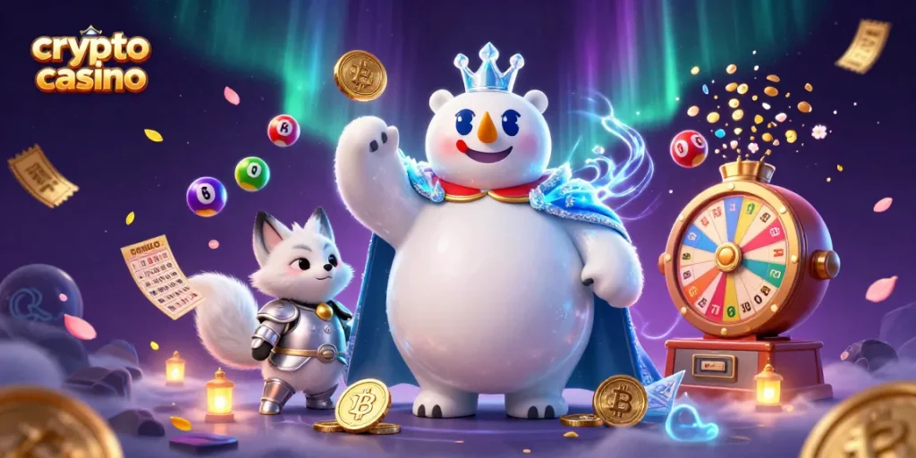 Plongez dans le monde du crypto casino avec un ours polaire majestueux en couronne cristalline entouré de pièces numériques et d'énergie magique.