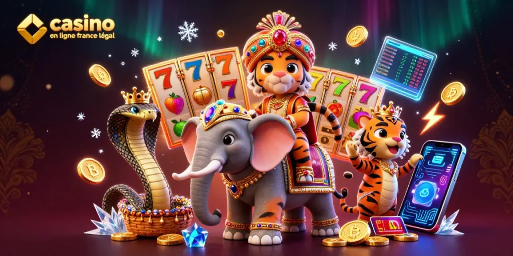Découvrez une scène dynamique de casino en ligne légal en France avec un tigre maharaja et des symboles de jackpot.