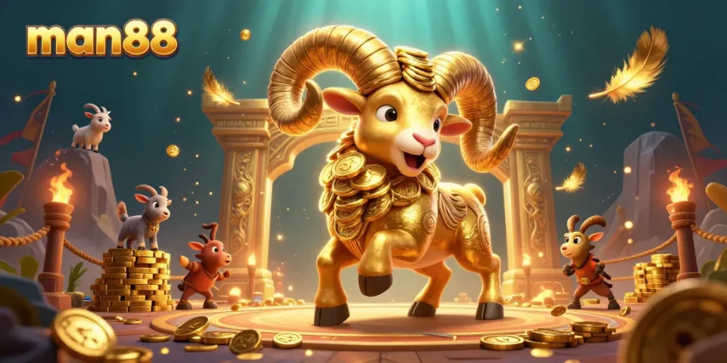 Experience thrilling gameplay at man88 with a golden ram charging through a vibrant casino scene.