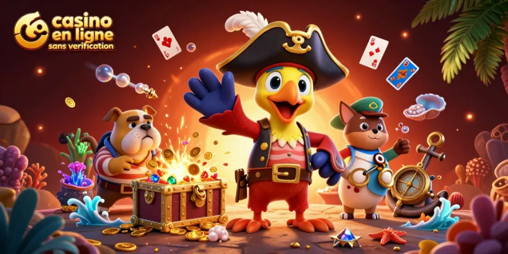 Découvrez la magie des gains avec un casino en ligne sans vérification, entouré de trésors et de jeux animés.