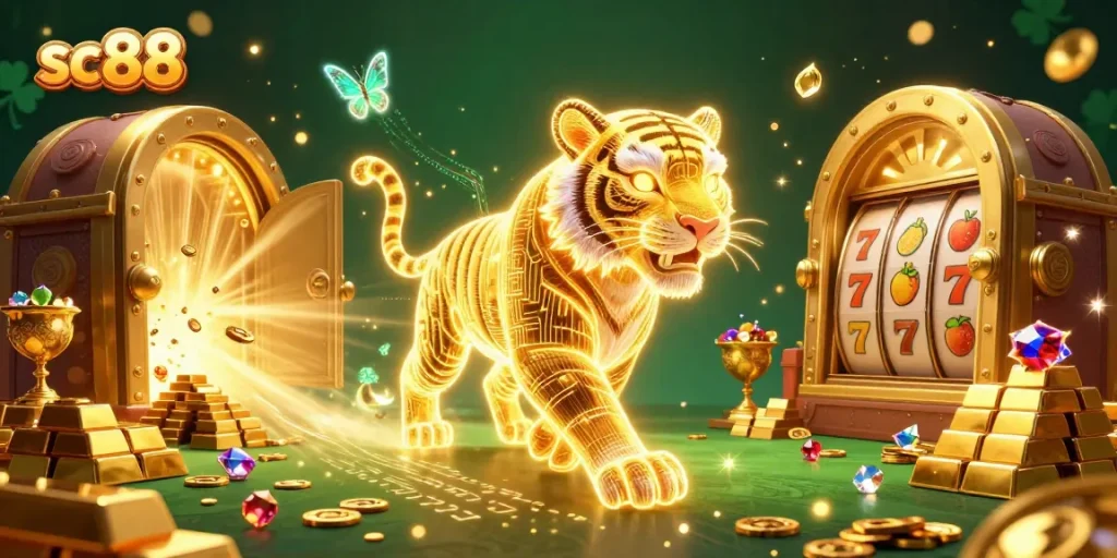 Engage in thrilling sc88 slot gameplay with a golden tiger and vibrant casino treasures.
